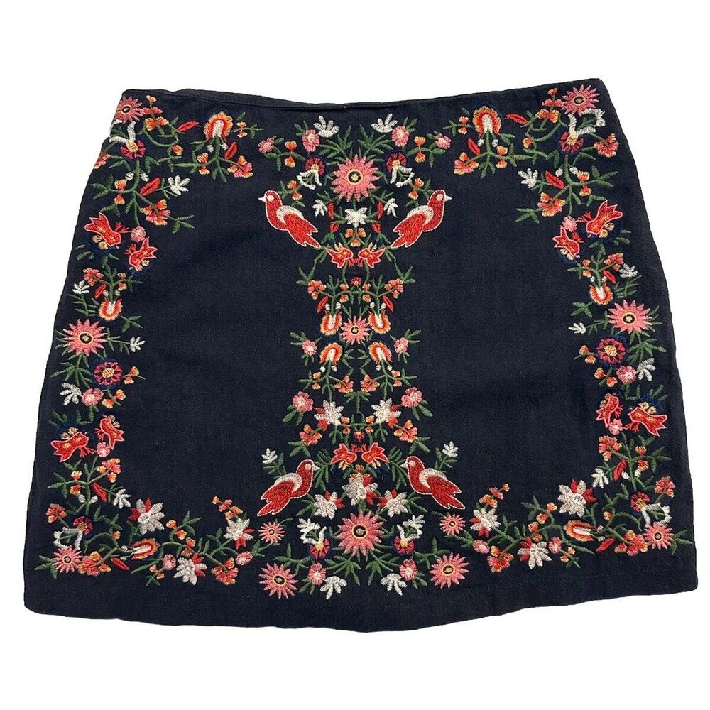 Altar’d State Blue Linen Blend Floral Bird Embroidered Mini Skirt Lined Medium